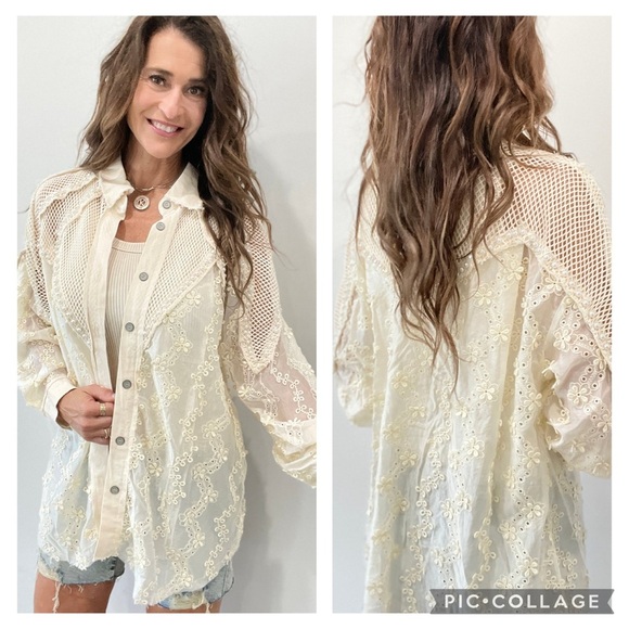 Porter Collective Cream Lace & Pearl Oversized Balloon Sleeve Shirt Size M - Picture 15 of 15
